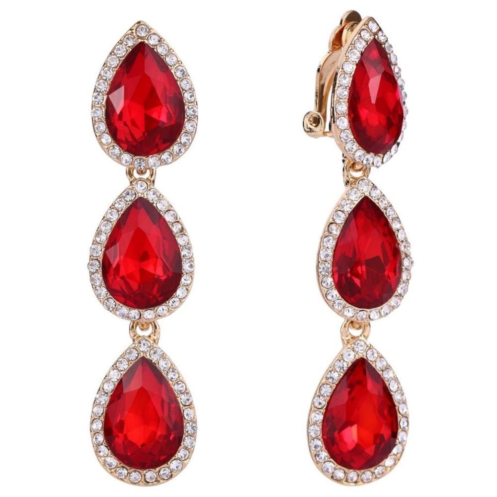Yellow Gold with Ruby Red and White Diamond Austrian Crystal Clip On Earrings